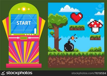 Game machine with start webpage, gambling sign. Screen of pixelated video-game decorated by power symbols, heart and bombshell, fly agaric vector. Start of 8 bit game. Pixel Game and Colorful Gambling Machine Vector