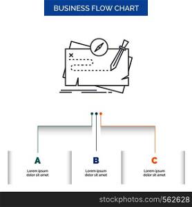 Game, map, mission, quest, role Business Flow Chart Design with 3 Steps. Line Icon For Presentation Background Template Place for text. Vector EPS10 Abstract Template background