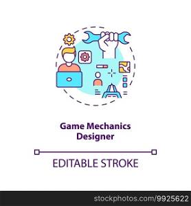 Game mechanics designer concept icon. Game designers types. Responsible for playing experience. Employee idea thin line illustration. Vector isolated outline RGB color drawing. Editable stroke. Game mechanics designer concept icon