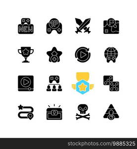 Game menu black glyph icons set on white space. Videogame interface silhouette symbols. Computer and mobile gaming signs. Electronic entertainment, popular pastime. Vector isolated illustrations. Game menu black glyph icons set on white space