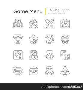 Game menu linear icons set. Videogame interface customizable thin line contour symbols. Computer and mobile gaming signs. Popular pastime. Isolated vector outline illustrations. Editable stroke. Game menu linear icons set