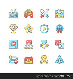 Game menu RGB color icons set. Videogame interface. Computer and mobile gaming signs. Electronic entertainment, popular pastime. Isolated vector illustrations. Game menu RGB color icons set