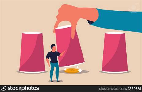 Game money with cup and guess reveal chance win. Fraud gambler and magic trick hide lose vector illustration concept. Business shell and strategy winner. Gambling businessman and predict dollar bet