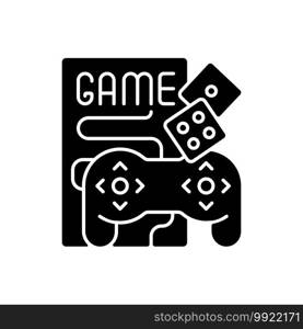 Game night black glyph icon. Entertainment and recreation for social event. Boardgames and videogames to spend time with friends. Silhouette symbol on white space. Vector isolated illustration. Game night black glyph icon