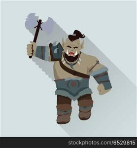 Game Object of Orc. Game object of orc with axe. Orc warrior with steel axe and armors in front. Stylized fantasy characters. Game object in flat design on blue game background. Vector illustration.