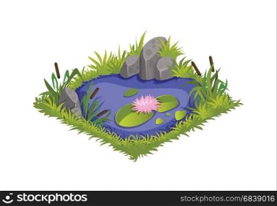 Game Object Set in Colorful Detailed Vector Web, Illustration, Banner or Game. Isometric Cartoon Water Pond with Wild Reeds and Lilies, Element for Tileset Map