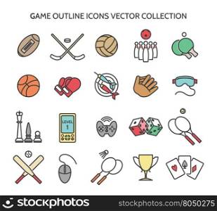 Game outline icons. Game outline icons. Colored icons of sports equipment and computer games. Vector collection