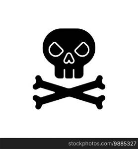 Game over black glyph icon. Player death or loss sign. Computer virus, danger silhouette symbol on white space. Mobile videogame interface element. Skull and bones vector isolated illustration. Game over black glyph icon
