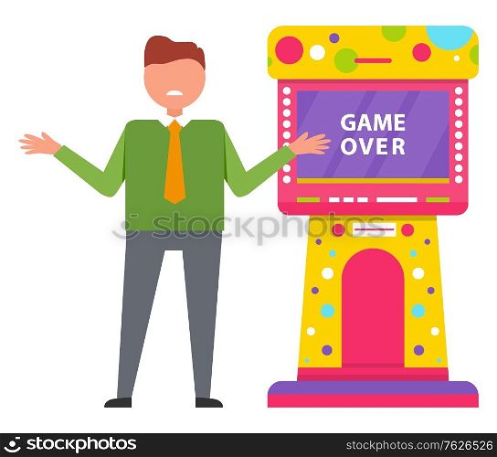 Game over. Man wearing green shirt with yellow tie losing, upset guy spreading his hands. Colorful retro arcade machine isolated on white vector. Male lost in video game. Flat cartoon. Game Over, Retro Arcade Game Machine Vector Image