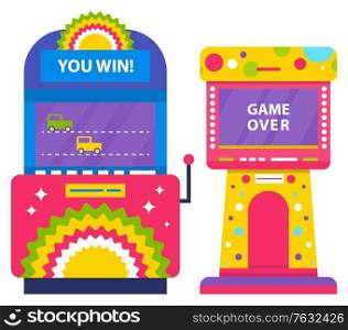 Game over, playing on electronic devices with screens showing race of cars. Racing competition, handle controller display with cartoon entertainment. Vector illustration in flat cartoon style. Game Over Machine with Screens, Car Racing Vector