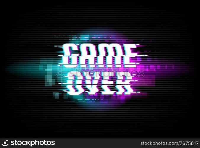 Game over screen digital glitch background. Computer game defeat, Internet cyber attack threatening message or gambling lose conceptual backdrop with glitched display color pixel noise vector. Game over screen digital glitch vector background
