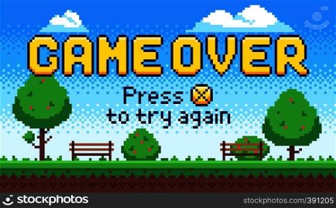 Game over screen. Retro 8 bit arcade games, old pixel video game end and pixels press X to try again sign. Pixelated failure scene or death and try again arcade gaming vector illustration. Game over screen. Retro 8 bit arcade games, old pixel video game end and pixels press X to try again sign vector illustration