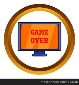 Game over screen vector icon in golden circle, cartoon style isolated on white background. Game over screen vector icon