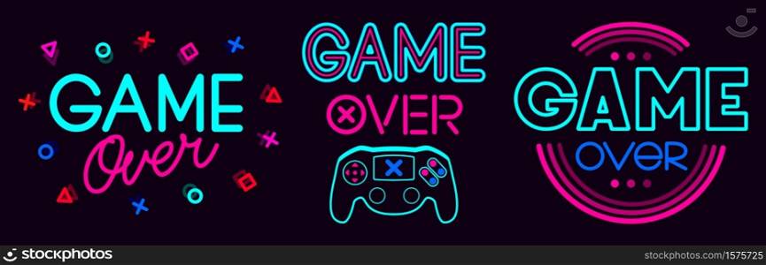 Game over signs. Computer video game death screen phrases, last life video gaming glitch, video game fail screen vector illustration icons set. Game over text, final video gaming. Game over signs. Computer video game death screen phrases, last life video gaming glitch, video game fail screen vector illustration icons set