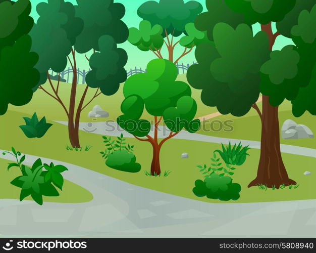 Game park landscape with 2d trees alleys flat background vector illustration. Park Landscape Illustration