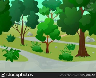 Game park landscape with 2d trees alleys flat background vector illustration. Park Landscape Illustration
