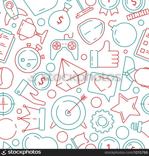 Game pattern. Gamification business symbols achivement rulers motivation challenge vector seamless background. Illustration of seamless pattern gamification business, achievement and prize. Game pattern. Gamification business symbols achivement rulers motivation challenge vector seamless background