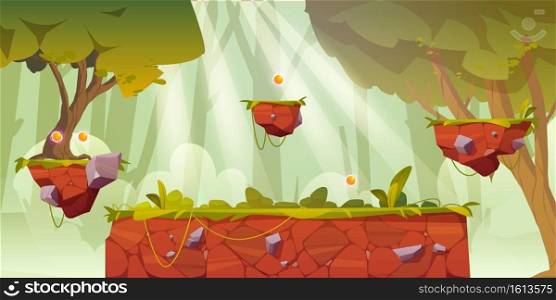 Game platform cartoon forest landscape, 2d ui design for computer or mobile. Bright wood with green trees, grass or lianas, background with arcade elements for jumping, bonus items or nature locations. Game platform cartoon forest landscape, 2d design