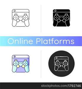 Game platforms icon. Playing video games. Desktop application. Two-dimensional graphics. Videogame system. Consoles, computers. Linear black and RGB color styles. Isolated vector illustrations. Game platforms icon
