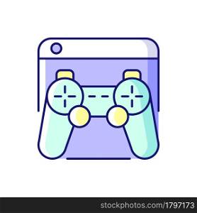 Game platforms RGB color icon. Playing video games. Desktop application. Two-dimensional graphics. Videogame system. Consoles, computers. Isolated vector illustration. Simple filled line drawing. Game platforms RGB color icon