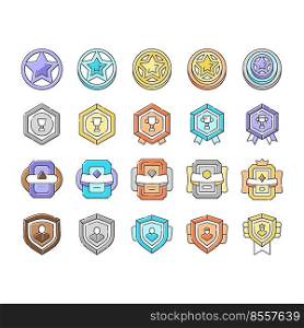 Game Progress Award And Medal Icons Set Vector. Game Progress Reward In Star Shape And Decorated Cup, Golden And Silver Medallion And Card. Level Success Achievement Color Illustrations. Game Progress Award And Medal Icons Set Vector