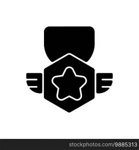 Game progress black glyph icon. Videogame achievement, player rank sign. Electronic entertainment, e sports silhouette symbol on white space. Reward, medal with star vector isolated illustration. Game progress black glyph icon