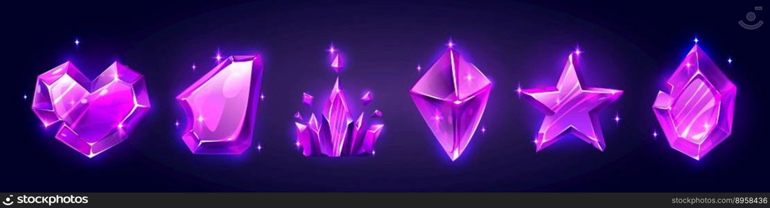 Game purple gemstone in shape of crown, star and heart. Magic jewel lilac crystal or diamond icons, amethyst treasure, royal precious gems. Fantasy cartoon gui trophy with texture, isolated set. Game purple gemstone, magic jewel crystal icons