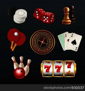 Game realistic icons. Poker dice bowling gambling domino web casino symbols vector illustrations isolated. Chess and tennis ping pong, luck chance and risk. Game realistic icons. Poker dice bowling gambling domino web casino symbols vector illustrations isolated