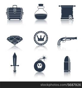 Game resources play elements black icons set of gem gun bullet isolated vector illustration