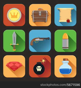 Game resources play elements flat icons set of chest shield sword isolated vector illustration