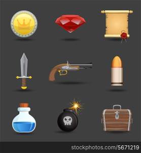 Game resources play elements icons set isolated vector illustration