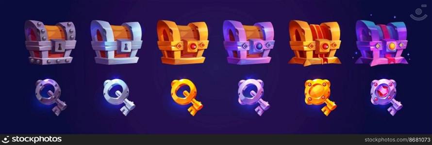 Game reward rare treasure chests and keys evolution, wooden, iron, silver and gold trophy trunks and skeleton keys, level bonus, pirate loot, fantasy assets elements, Cartoon vector illustration, set. Game reward rare treasure chests and keys set
