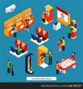 Game Room Isometric Poster. Isometric poster of public game room with different video games slots racing and arcade games vector illustration