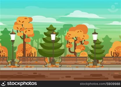 Game seamless autumn landscape park background. Computer and handheld electronic devices interactive video game seamless autumn park landscape border background abstract vector illustration