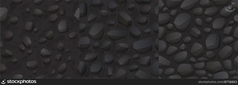 Game seamless patterns with stone and rock texture. Cartoon backgrounds with pebbles, boulders and cobble rocky road, pavement material textured surface, graphic templates for landscaping, Vector set. Game seamless patterns with stone and rock texture
