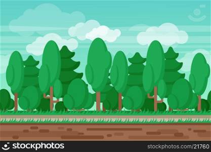 Game seamless summer landscape forest background. Computer and handheld electronic devices interactive videogame seamless summer forest landscape border background abstract vector illustration
