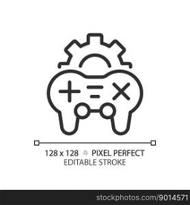Game settings pixel perfect linear icon. Videogame adjustment menu. Console controller. Gameplay optimization. Thin line illustration. Contour symbol. Vector outline drawing. Editable stroke. Game settings pixel perfect linear icon