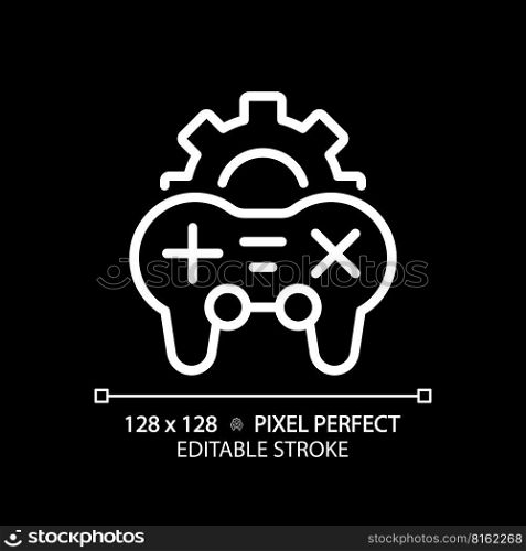 Game settings pixel perfect white linear icon for dark theme. Videogame adjustment menu. Controller. Gameplay optimization. Thin line illustration. Isolated symbol for night mode. Editable stroke. Game settings pixel perfect white linear icon for dark theme