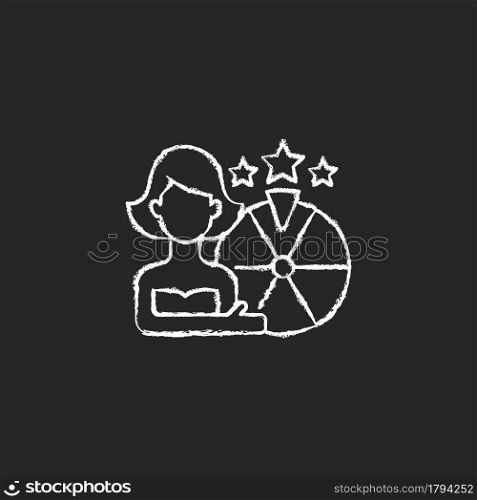 Game show chalk white icon on dark background. Competition for prizes winning. Television programme. Playing games for rewards. Challenge knowledge. Isolated vector chalkboard illustration on black. Game show chalk white icon on dark background