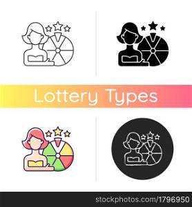 Game show icon. Competition for prizes winning. Television programme. Playing games for rewards. Quiz show. Challenge knowledge, luck. Linear black and RGB color styles. Isolated vector illustrations. Game show icon
