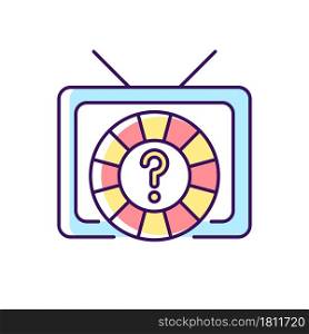 Game show RGB color icon. Broadcasting television program for entertainment. Wheel lottery for chance to win on TV show. Media screen. Isolated vector illustration. Simple filled line drawing. Game show RGB color icon