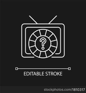 Game show white linear icon for dark theme. Broadcasting television program for entertainment. Thin line customizable illustration. Isolated vector contour symbol for night mode. Editable stroke. Game show white linear icon for dark theme