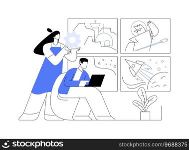Game storyboarding isolated cartoon vector illustrations. Group of diverse developers deals with game prototyping, modern IT technology, storytelling process, teamwork idea vector cartoon.. Game storyboarding isolated cartoon vector illustrations.