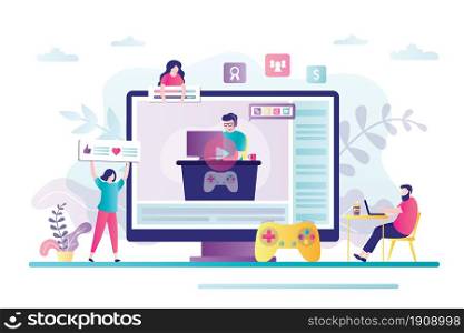Game stream on display. Male gamer plays and comments game process. Cyber sport streaming, popular video content. Group of spectators watching and reviewing on live broadcast. Flat vector illustration. Male gamer plays and comments game process. Cyber sport streaming, popular video content. Group of spectators watching