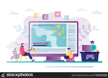 Game stream on monitor display. Male spectators are watching and commenting on process of game. Cyber sport streaming, popular video content, live broadcast. Flat vector illustration. Game stream on monitor display. Male spectators are watching and commenting on process of game. Cyber sport streaming