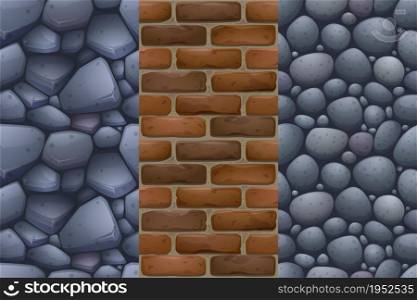 Game texture stones, pebbles and brick wall seamless pattern, cartoon background of rock road or floor, cobble pavement material textured surface, graphic design templates, Vector illustration. Game texture stone, pebbles and brick wall graphic
