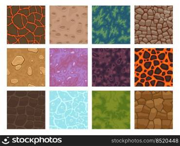 Game texture tiles. 2D cartoon level ground block of various materials, grass rock sand ice water lava, textured land game asset. Vector nature elements tile kit of game tile block level illustration. Game texture tiles. 2D cartoon level ground block of various materials, grass rock sand ice water lava, textured land game asset. Vector nature elements tile kit