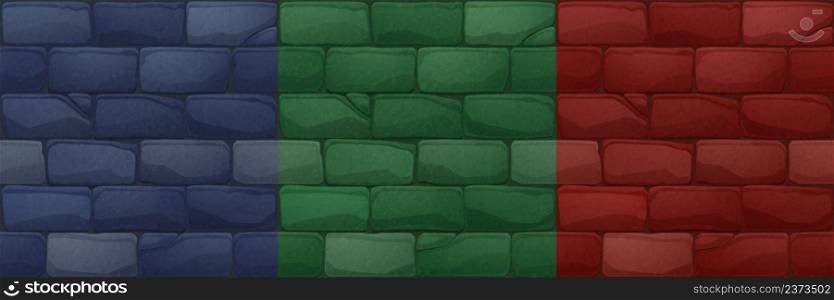 Game textures of brick wall, building facade with red, green and blue stone blocks. Vector cartoon seamless patterns of brickwork, vintage masonry for house exterior or pavement. Game textures of brick wall, building facade
