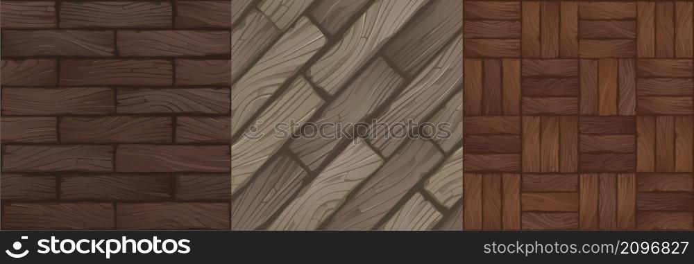 Game textures of wooden panels and bricks seamless pattern. Vector backgrounds brown grunge old wood tile parquet floor, laminate, hardwood parquetry design. Rectangle flooring slabs ui graphics set. Game textures of wooden panels seamless pattern