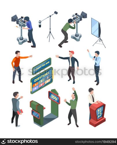 Game tv show. Question tv quiz playing participant isometric characters standing near tribunes with buttons answers vector. Illustration entertainment smart tv show. Game tv show. Question tv quiz playing participant isometric characters standing near tribunes with buttons answers vector